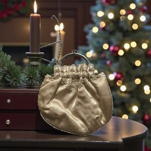 Bijoux Ternier Beaded Evening Clutch Bag Gold Satin‎ Kiss Lock Frame VINTAGE